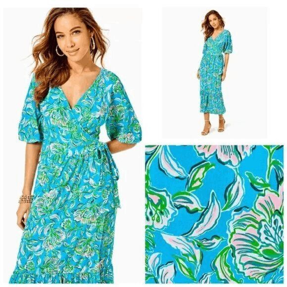💙 LILLY PULITZER Brantley V-Neck Midi Wrap Dress SIZE M NEW WITH TAGS - Picture 10 of 15